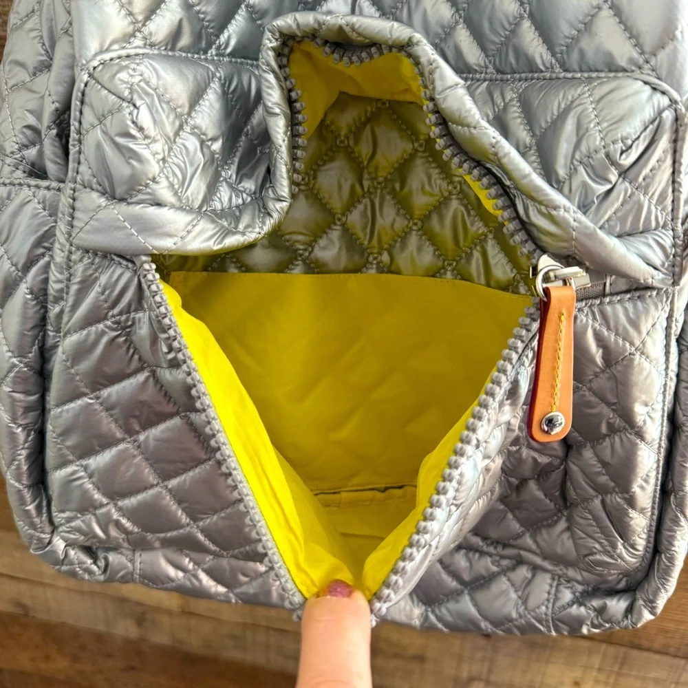MZ Wallace Silver Quilted Nylon Backpack with Tan Leather Accents